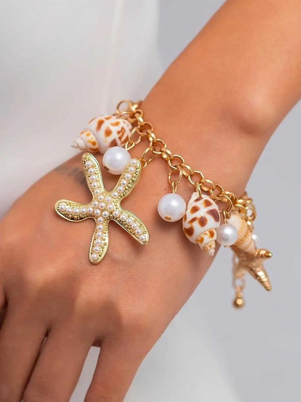 Anthropologie Gold-Tone Starfish & Shell Charm Bracelet with Pearls